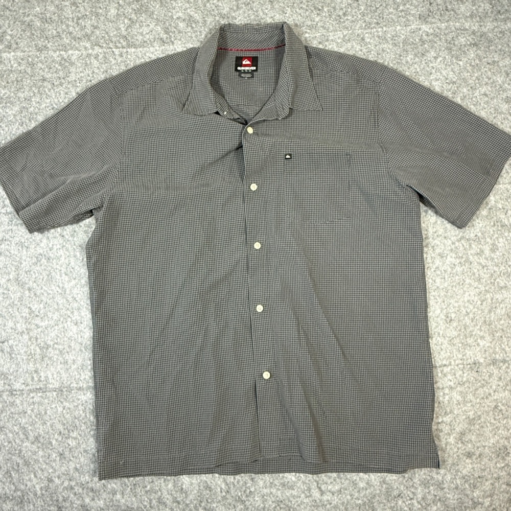 Quiksilver Button Down Shirt Men XL Grey Micro Check Grid Short Sleeve Casual